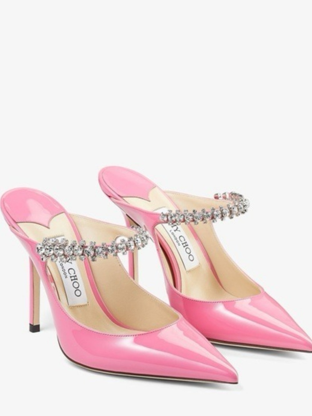 Jimmy Choo Pink Patent Crystal-Strap Pointed-Toe Mules